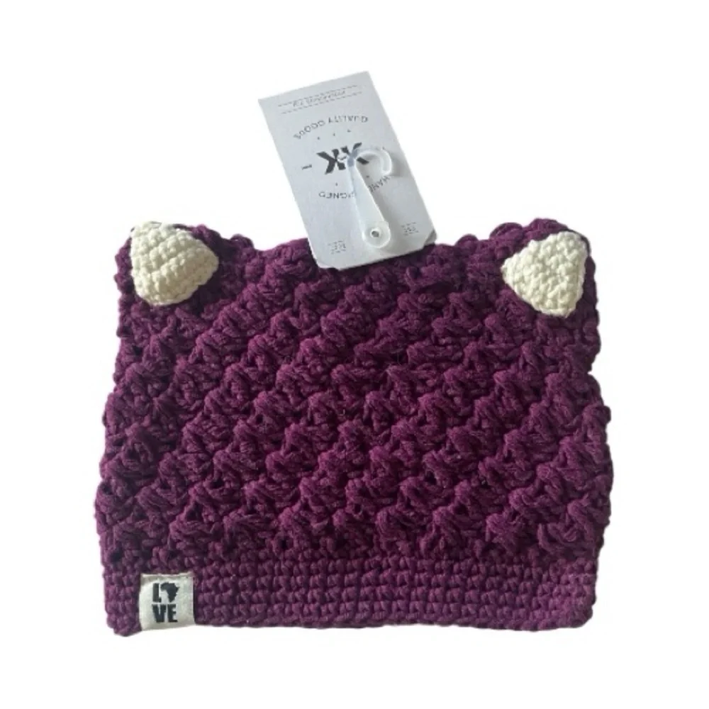 NWT-KROCHET KIDS- 2 Kids Knitted Bear and Cat Ear Beanies - Black and Purple